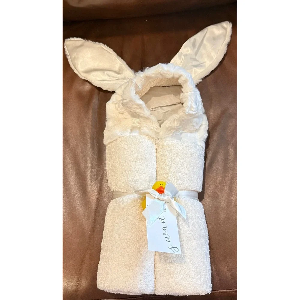 Swankie Blankie Minky Hooded Towel White Bunny Ears Faux Fur Satin Trim New